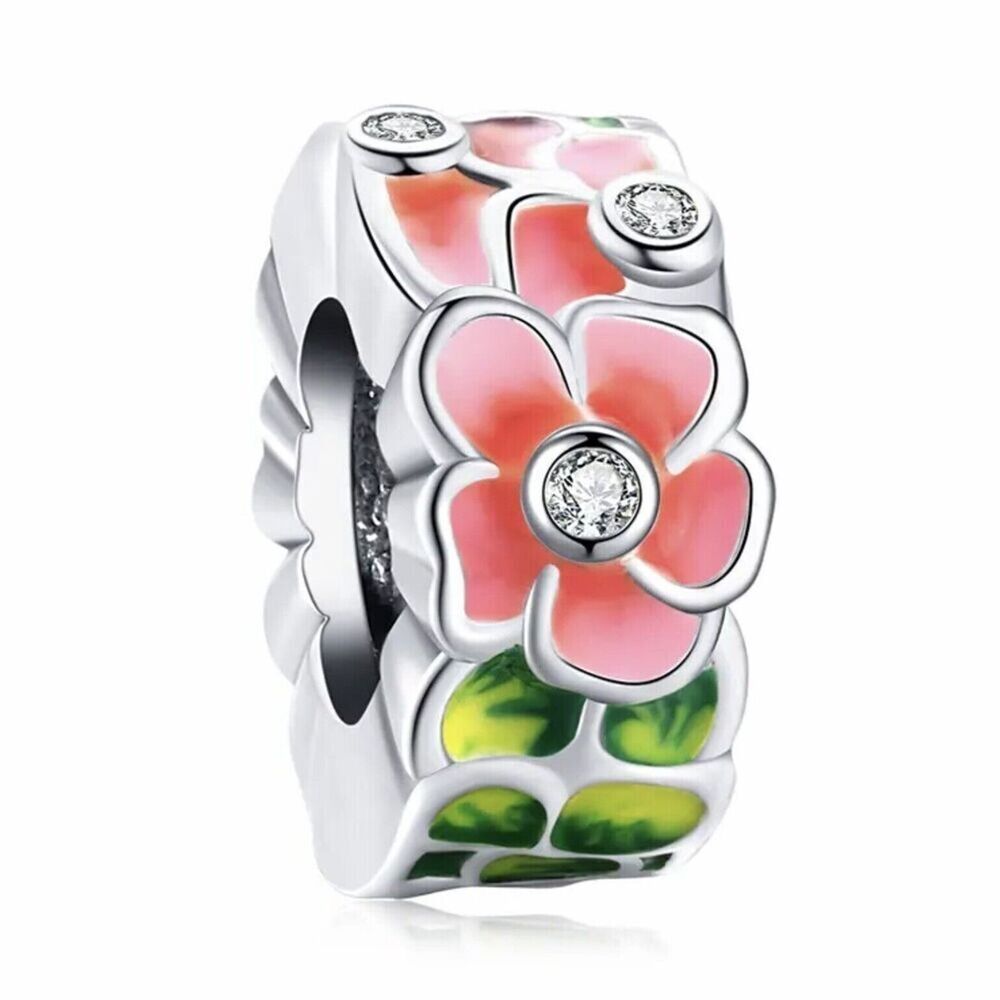 Sterling Silver Bead Charm 925 CZ Peach Green Flowers For DIY Bracelets